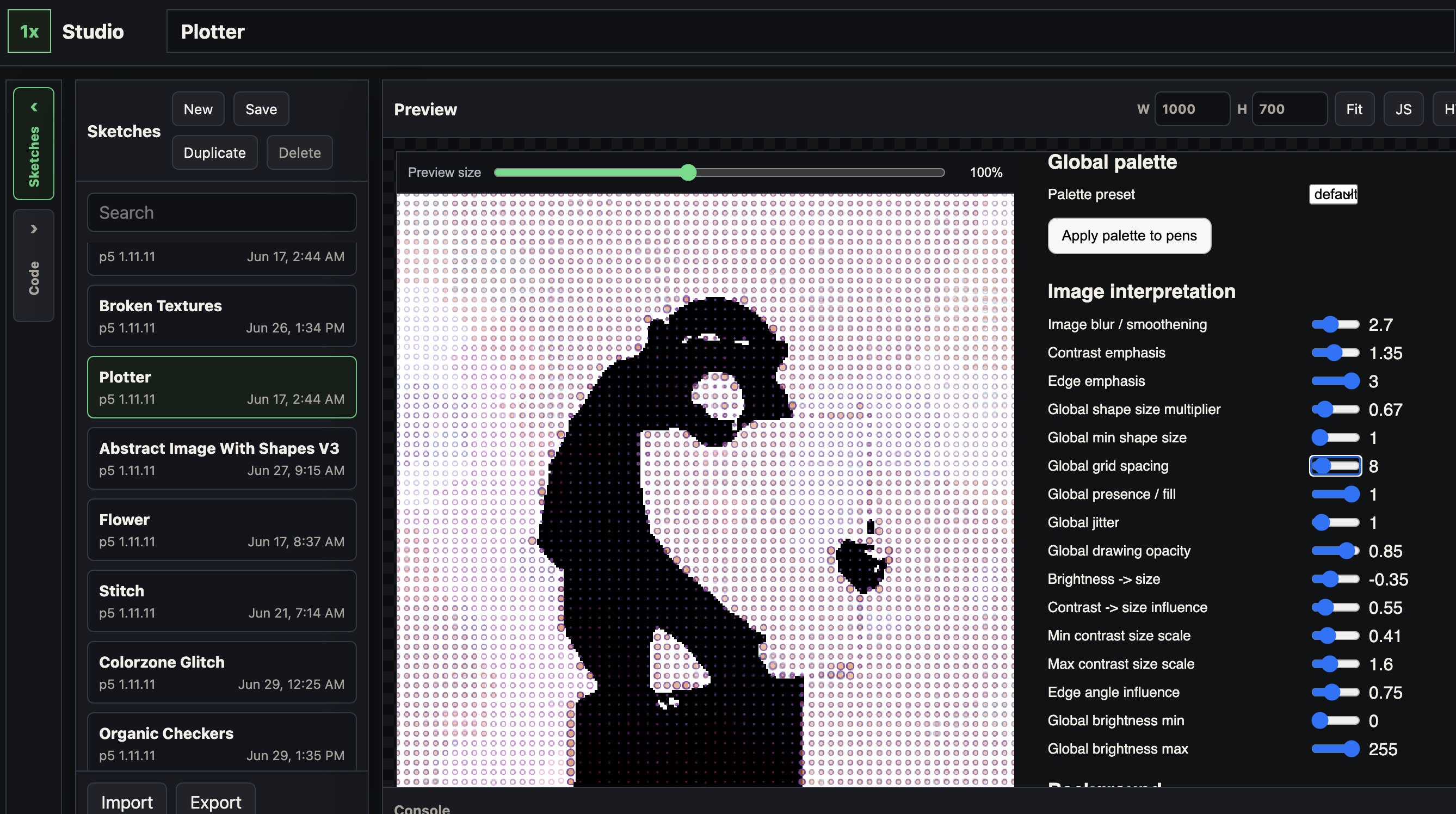 A glimpse of the 1xHarsh studio plotter interface showing another Culture Monke experiment